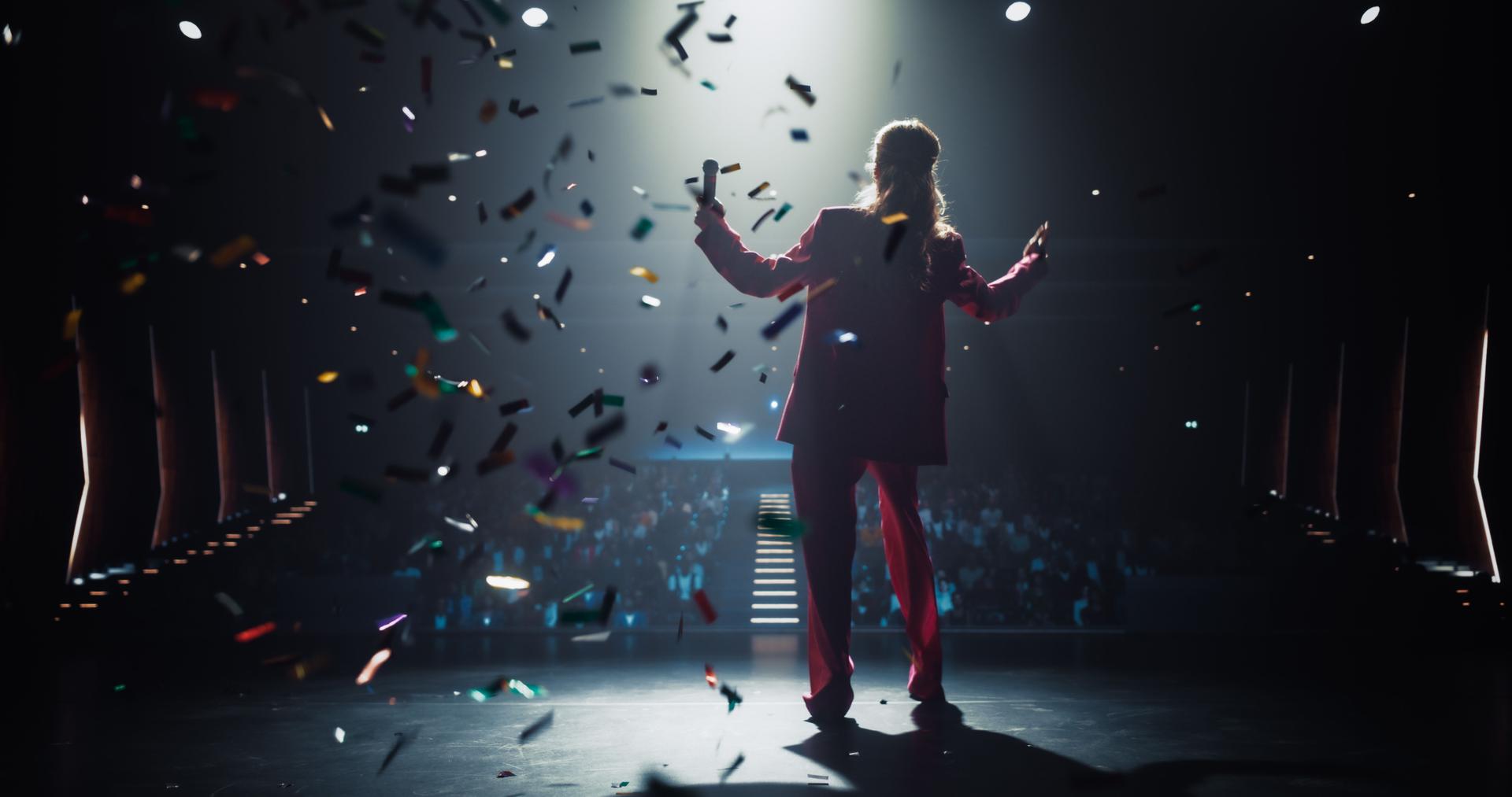 Celebrity Public Speaker Entering an Event Stage with a Bang. Colorful Glittering Confetti Falling Down, Female Host Welcoming Spectators Before a Talk, or Performance, or Concert Starts